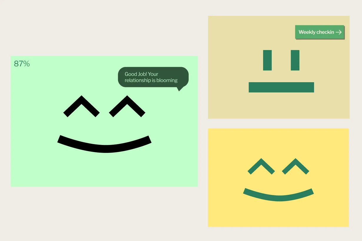 Before and after of the relationship-mood screen — left, the mid-fi shows a single mint-green smile screen with an 87% percentage and a small speech bubble; right, the hi-fi shows two screens, one warm yellow-green when the relationship is healthy and one muted sage when it needs attention.