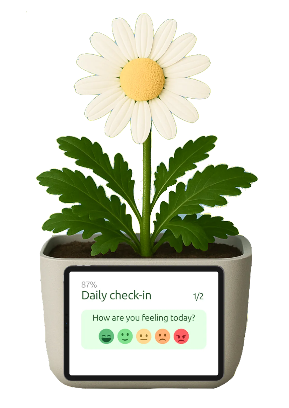 Mira — a soft green screen showing a simple pixel face, perched in a small terracotta planter.