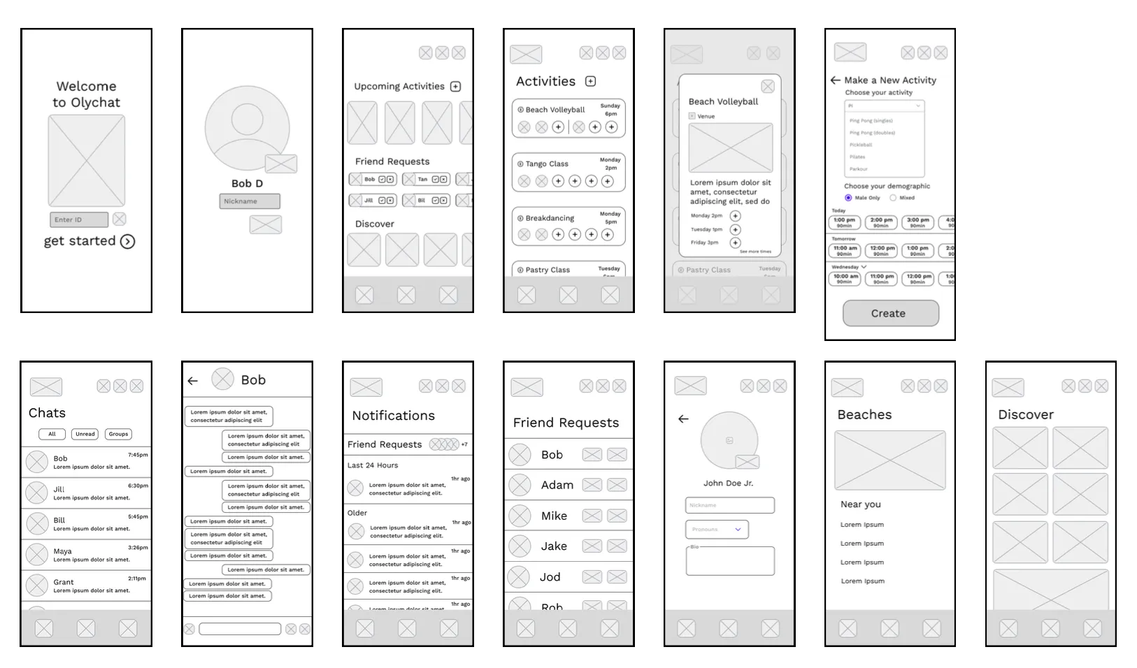 Grid of greyscale low-fidelity wireframes covering welcome, profile, activities, chats, notifications, friend requests, and discover screens.