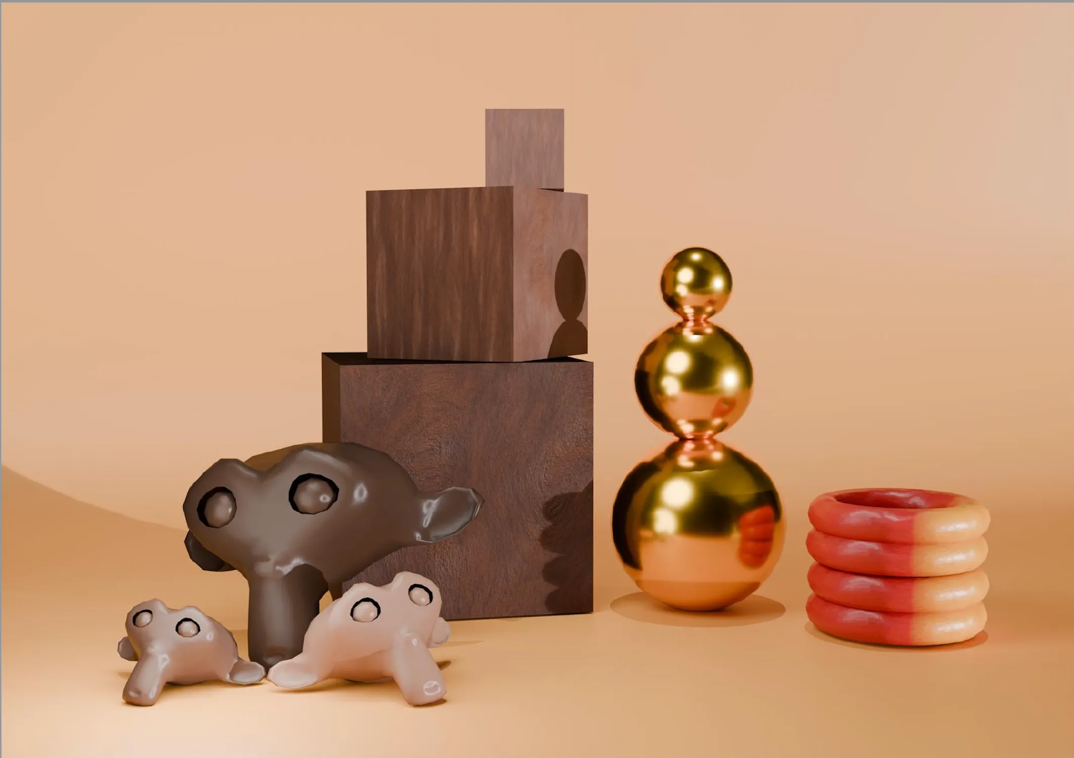 A high-resolution Blender render of the open Vamos Bites box: walnut timber, a gold-rimmed racquet chocolate set into a clay-orange interior, two ball coins beside it, with red-and-yellow plastic accents.