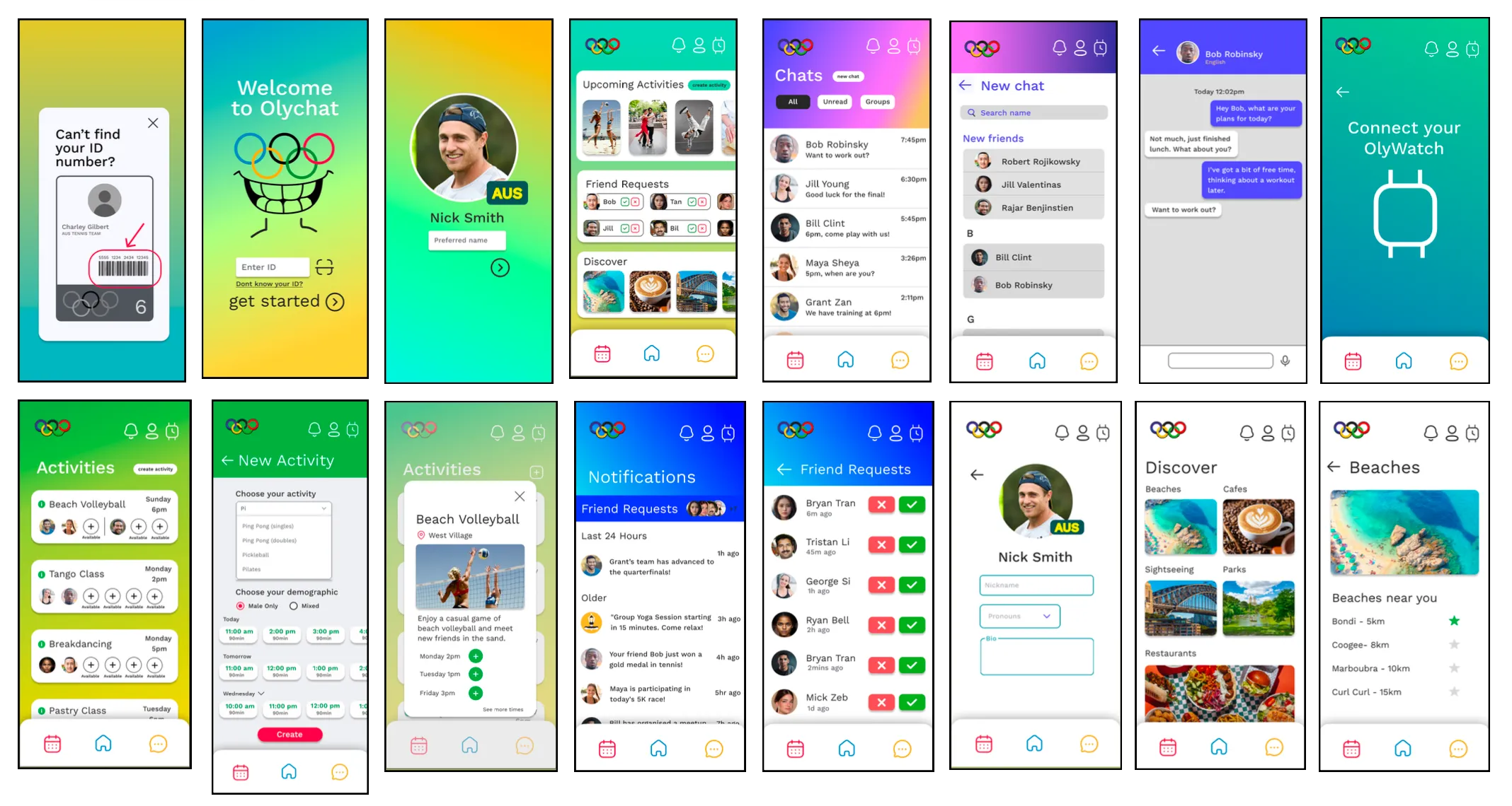 Mid-fidelity phone screens in colour — onboarding, activities, chats, friend requests, and discover.