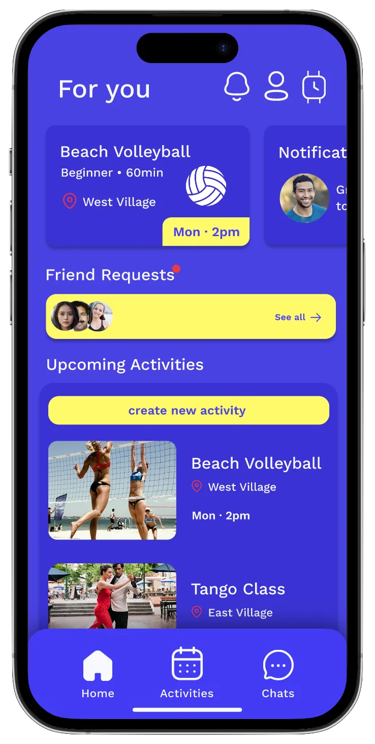 Ollie home — For you feed with upcoming activities and friend requests.