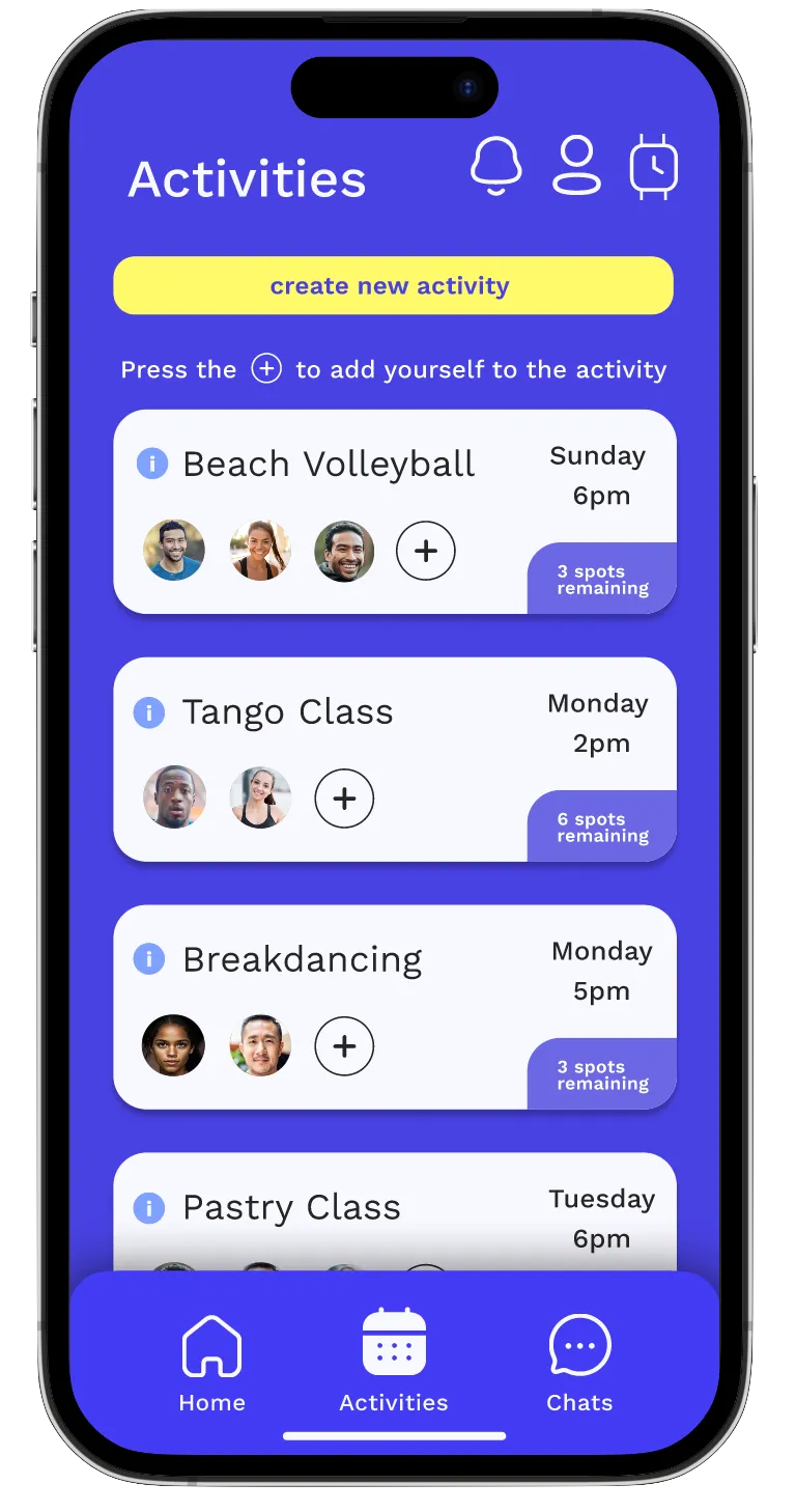 Ollie activities — list of joinable activities including beach volleyball, tango class, breakdancing, pastry class.