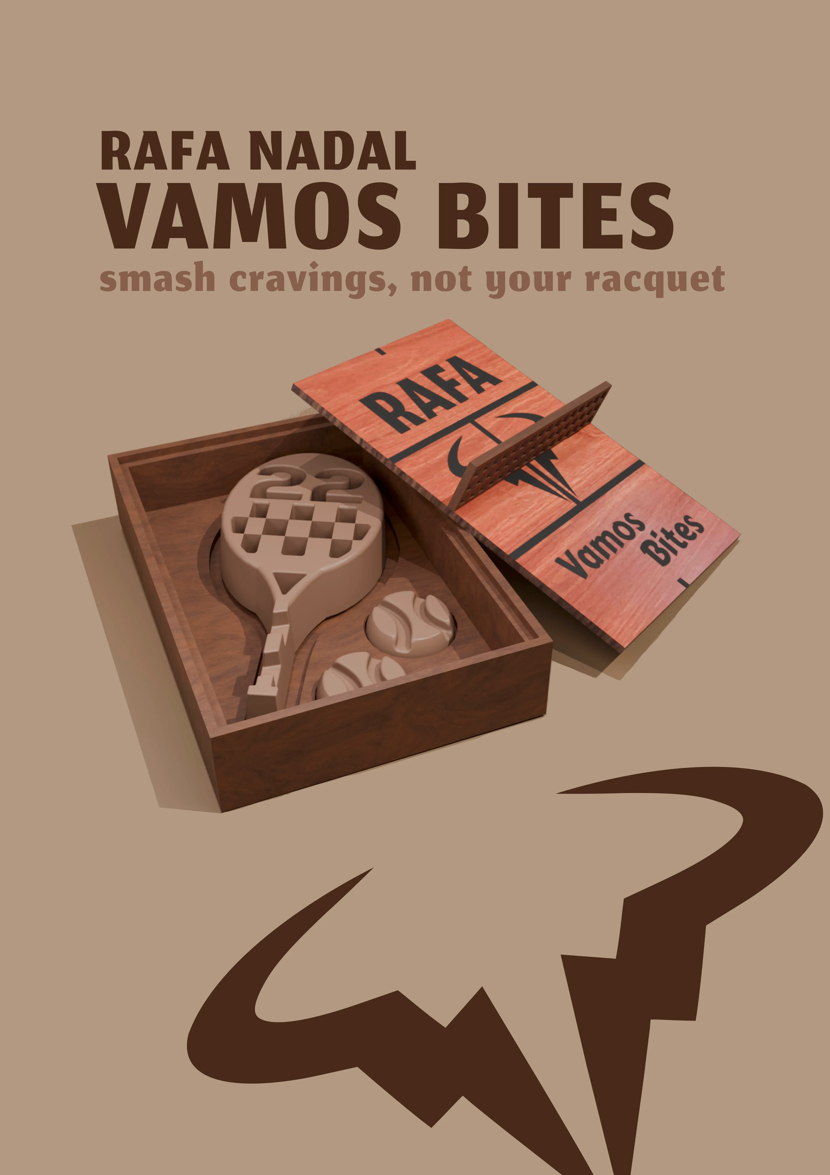 A2 poster for Vamos Bites: a warm-tan background with the headline 'RAFA NADAL — VAMOS BITES' above the open chocolate-and-walnut box, and a large bull silhouette anchoring the bottom.