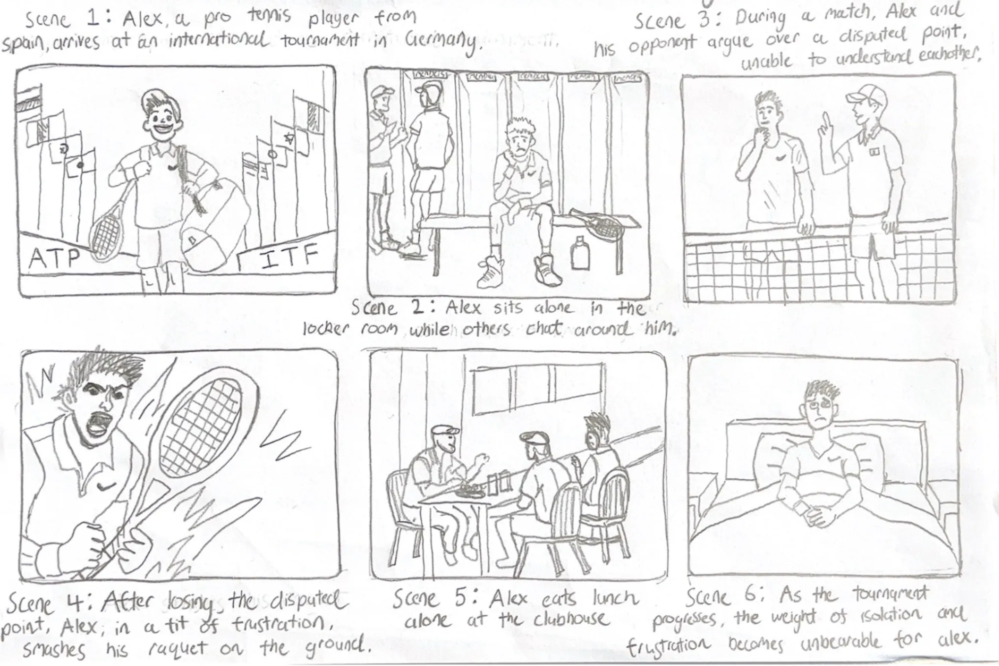 Hand-drawn six-panel storyboard following Alex through a tournament day — arrival, locker room, on-court dispute, racket-smash, lunch alone, hotel room at night.